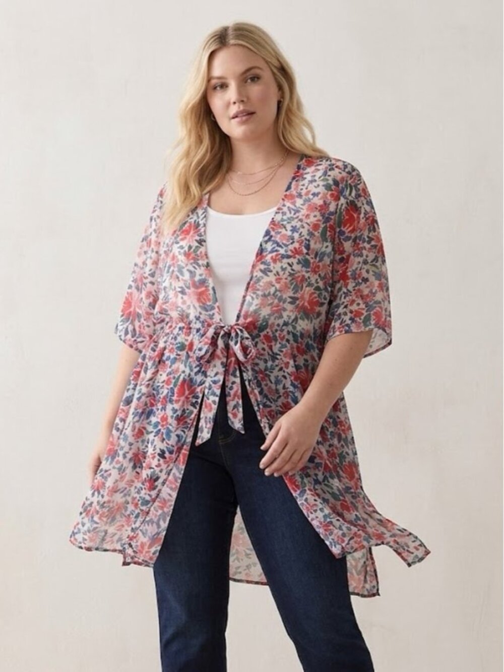 Penningtons Floral Chiffon Kimono Tie Front Sheer Layering Cover-Up Top size 1X